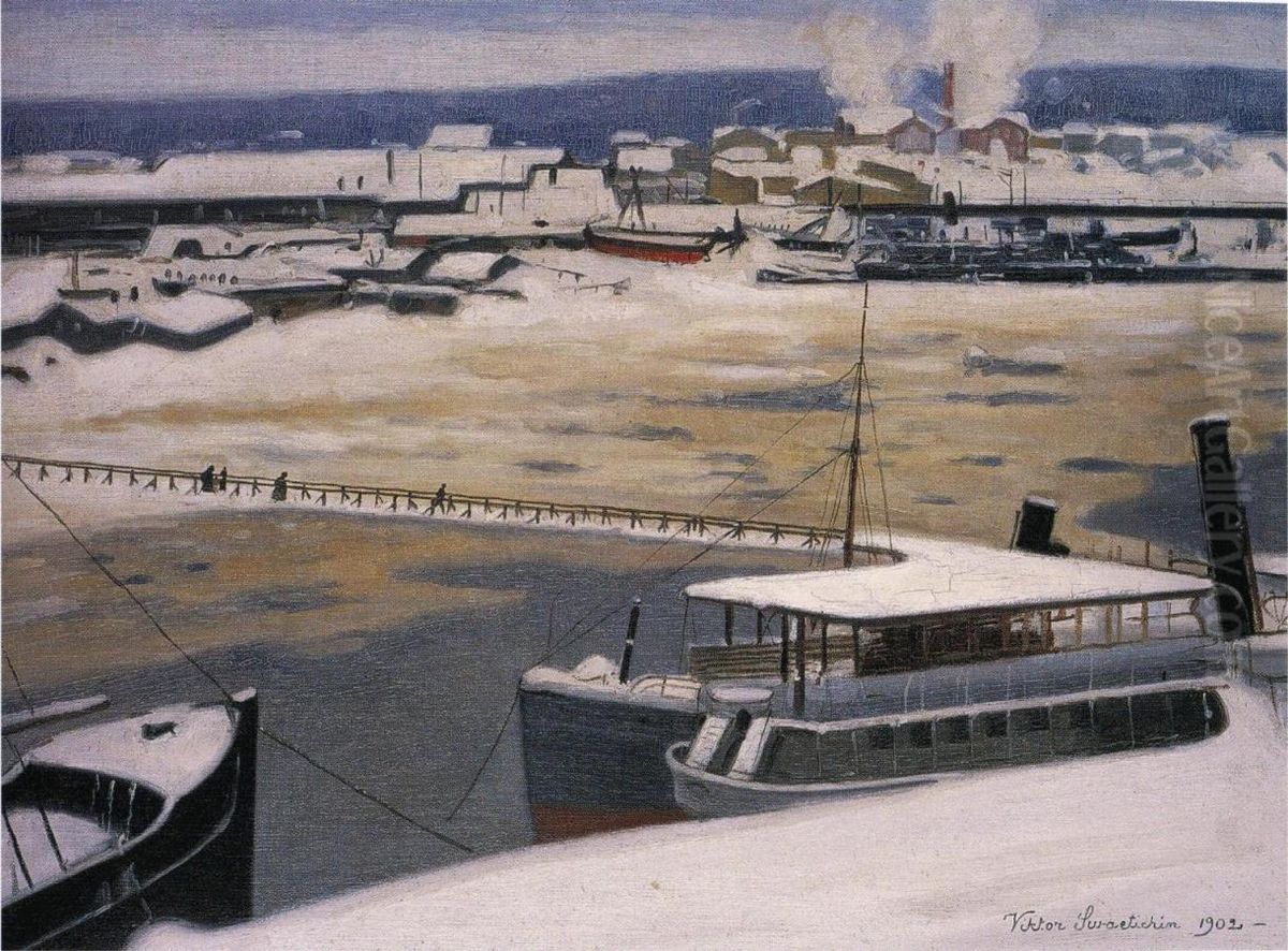 Harbour in Winter Oil Painting by Vyborg Historical Museum