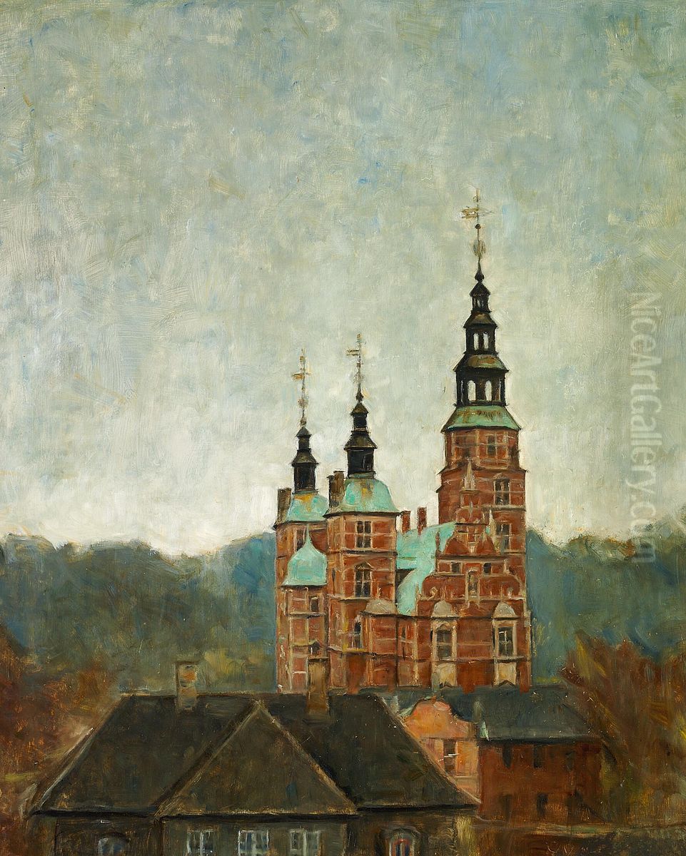Landscape at Rosenborg castle. Oil Painting by Svend Hammershoi