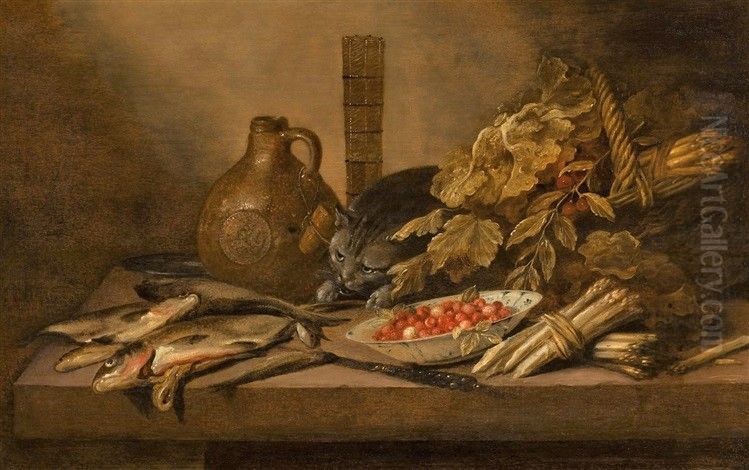 Still life with cat, fish, asparagus, a bowl of strawberries, and a stone jar on a table Oil Painting by Pieter Claesz