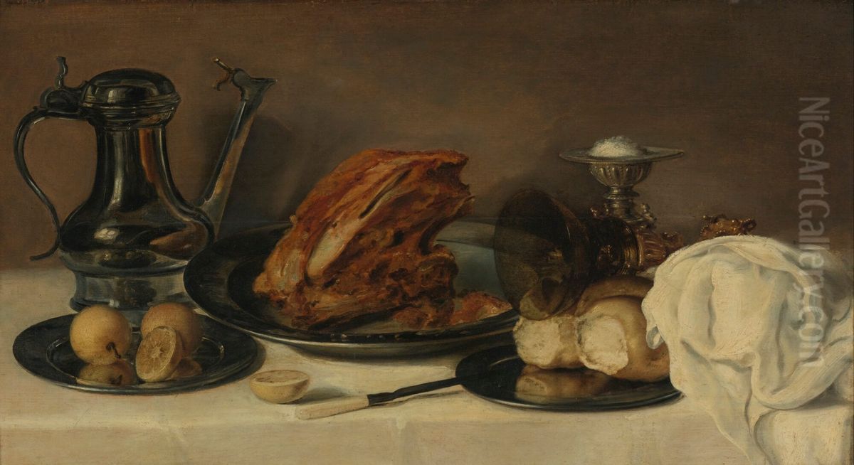 Still life with a pewter jug, a ham on a pewter plate, lemons, bread, a gilt mounted roemer and other objects on a table Oil Painting by Franchoys Elaut