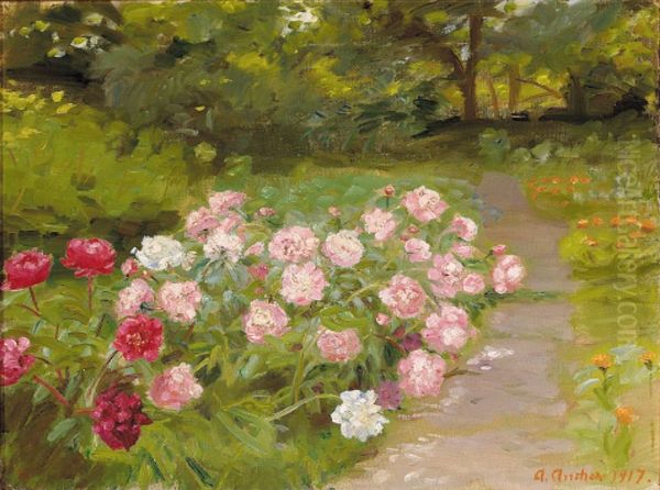 Peonies in the garden. Oil Painting by Anna Ancher