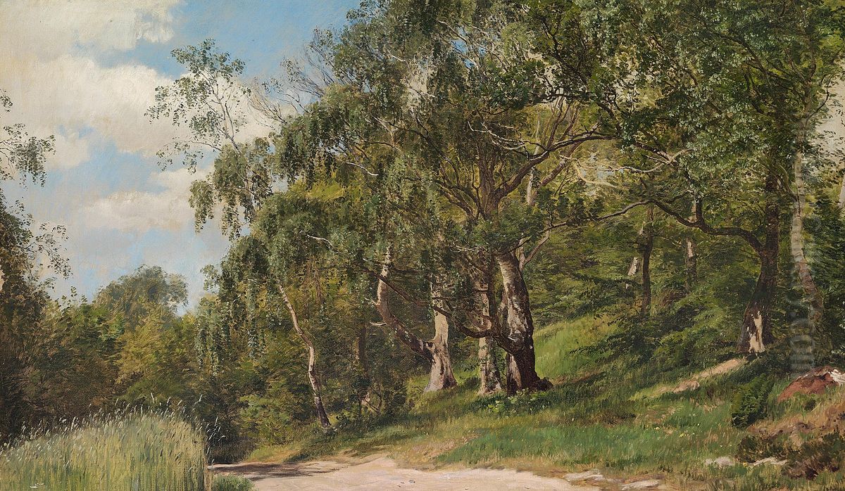 Skovparti med birketraeer ved en grusvej. Oil Painting by Janus Andreas Bartholin La Cour