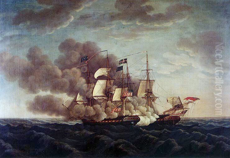 combat betweenUSSConstitutionandHMSGuerriere Oil Painting by unknown