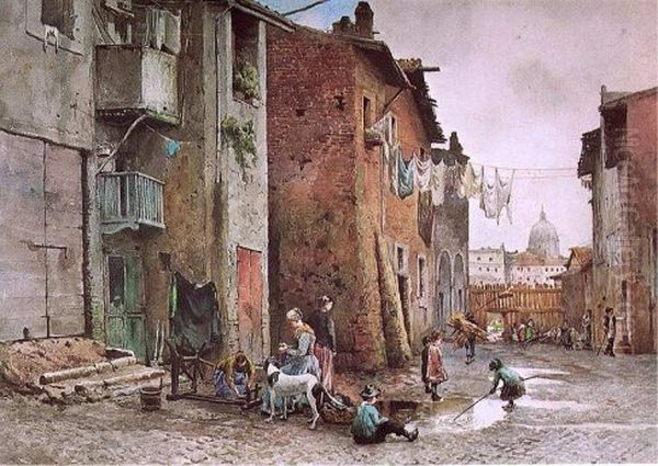 Vecchie Case alla Lungaretta in Rome (rione Trastevere) Oil Painting by Ettore Roesler Franz