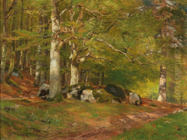 Woodland Scene with Deer Oil Painting by Hugo Darnaut