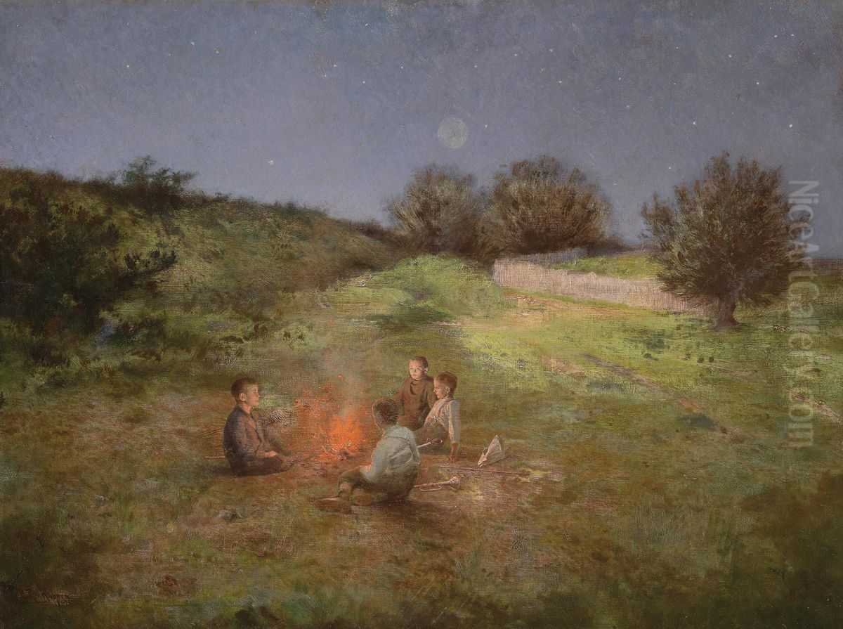 Children by a Campfire Oil Painting by Raimund von Wichera