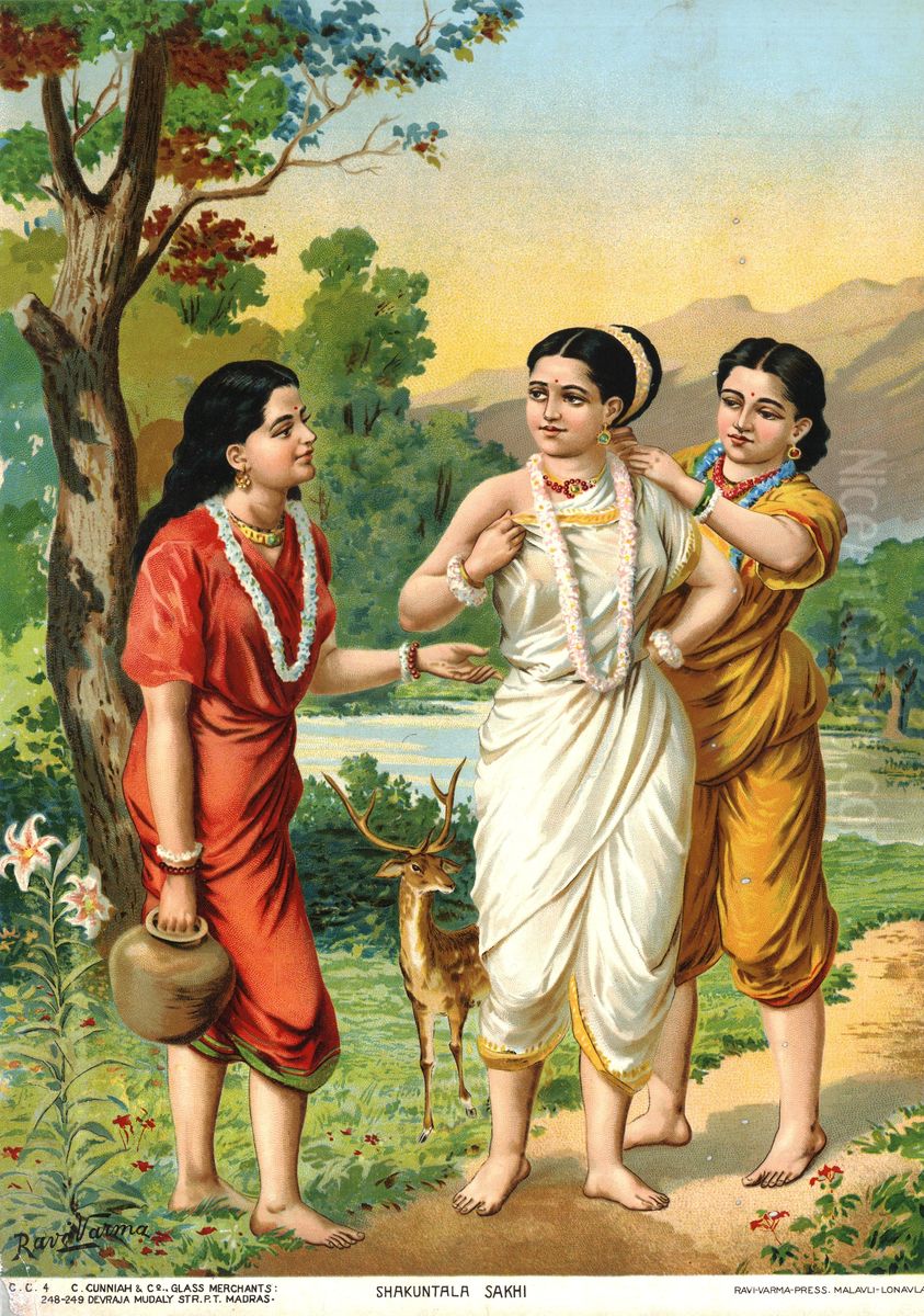 sakuntalayum tealimarum Oil Painting by Raja Ravi Varma