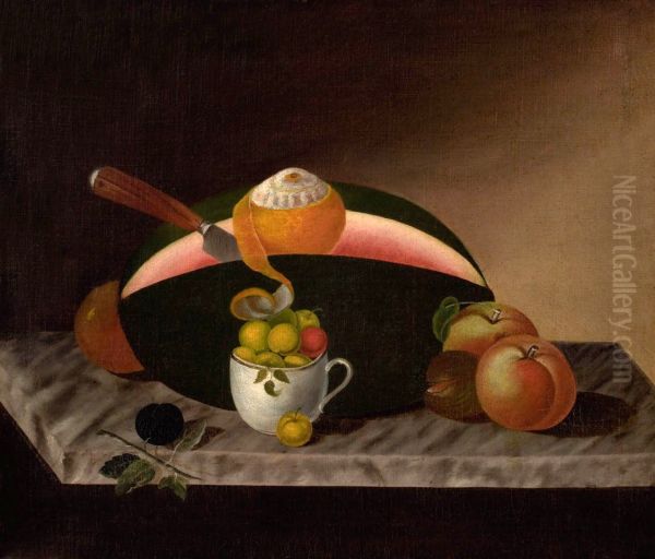 Still Life with Fruit and Gold Band Cup Oil Painting by unknown