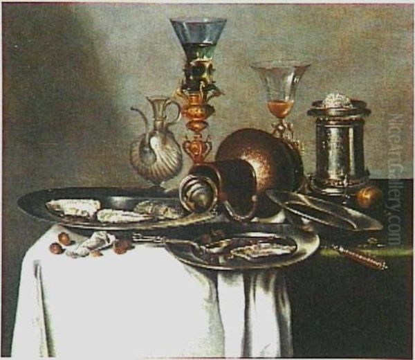 Stilleven met oesters en hazelnoten met siervaatwerk en wijnglazen Oil Painting by Cornelis Mahu