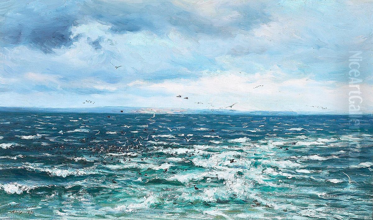 Seascape with resting seabirds off AEbelo. Oil Painting by Johan Peter Wildenrath