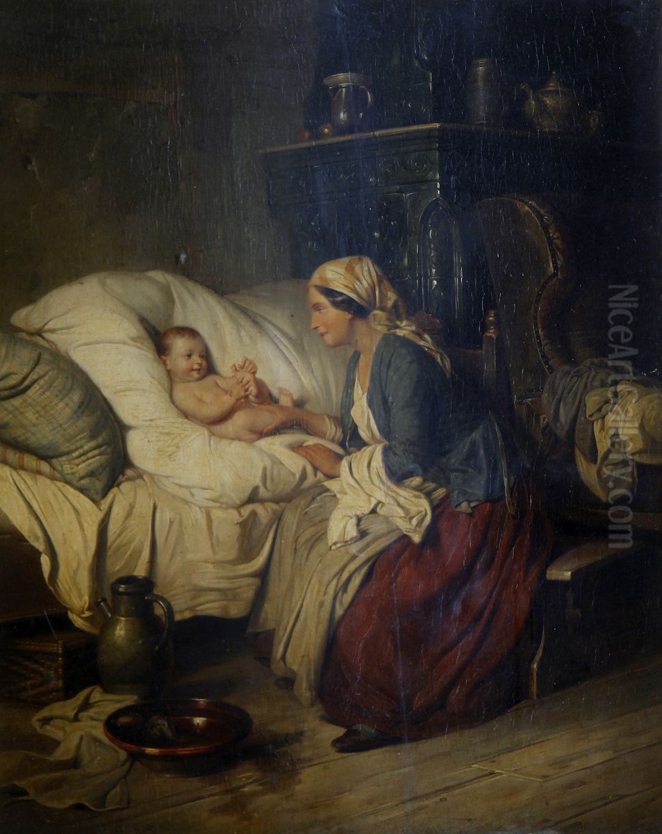 Mother and baby in an interior. Oil Painting by Wilhelm Alexander Meyerheim