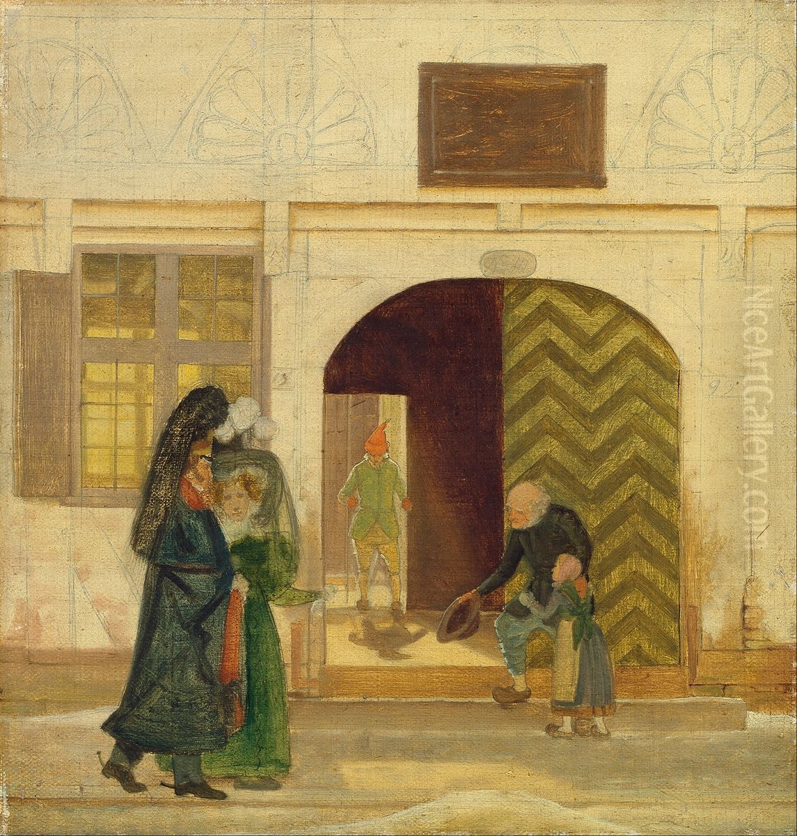 Outside the Odense poorhouse. Oil Painting by Wilhelm Bendz