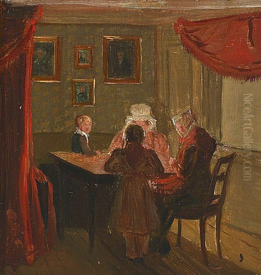 Interior with women and children around a table. Oil Painting by Wilhelm Bendz