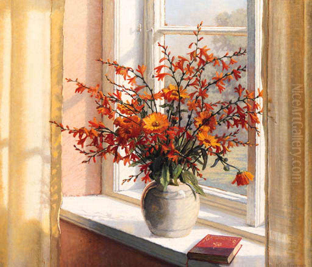 A sunlit Interior with Summer Flowers on a Ledge. Oil Painting by Wilhelm Andersen