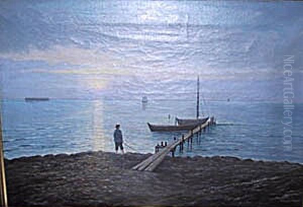Coastal view with a fisherman. Oil Painting by Wilhelm Ferdinand Leisner