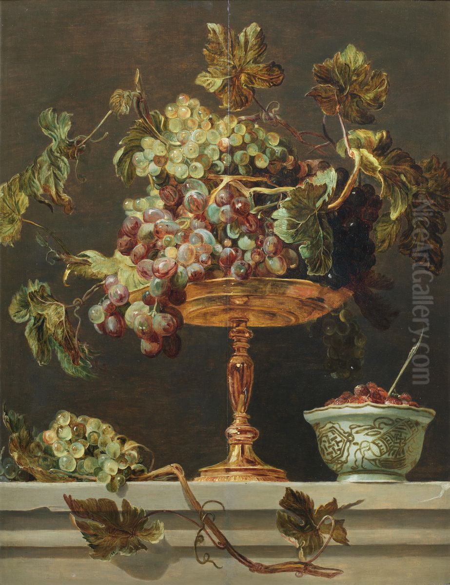 Still life with tazza of grapes with a bowl of wild strawberries on a stone ledge Oil Painting by Frans Snyders
