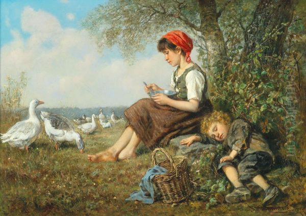 Die Mittagspause der Gansemagd Oil Painting by Wilhelm Friedenberg