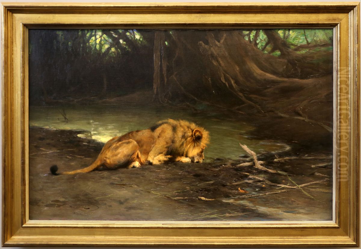 leone che si abbevera a una pozza d'acqua Oil Painting by Wilhelm Kuhnert