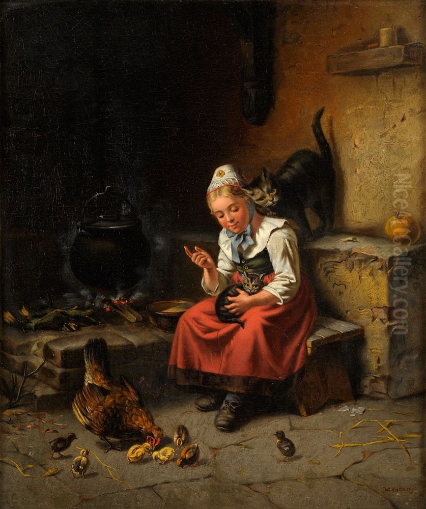 Die Katzenmutti. Oil Painting by Carl Wilhelm Hahn