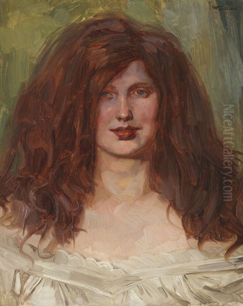 Brustbild eines jungen Madchens mit aufgelostem rotem Haar. Oil Painting by Wilhelm Trubner