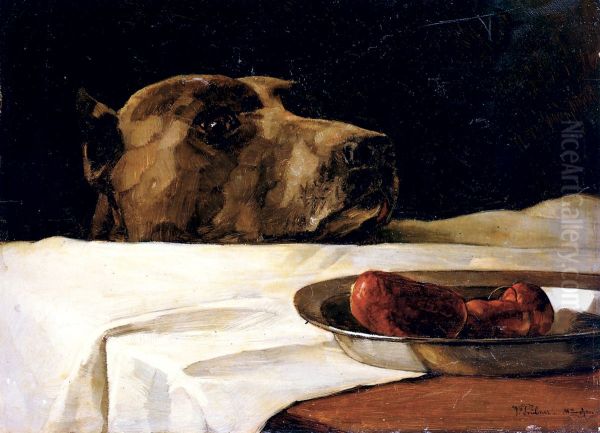 Dogge mit Wurstschussel. >>Caesar am Rubikon<< Oil Painting by Wilhelm Heinrich Trutbner