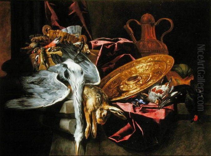 Stilleven van siervaatwerk, gevogelte en haas Oil Painting by Pieter Boel