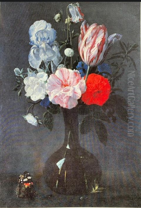 Roses, a tulip and an iris in a glass vase on a stone ledge Oil Painting by Nicolaes Van Verendael