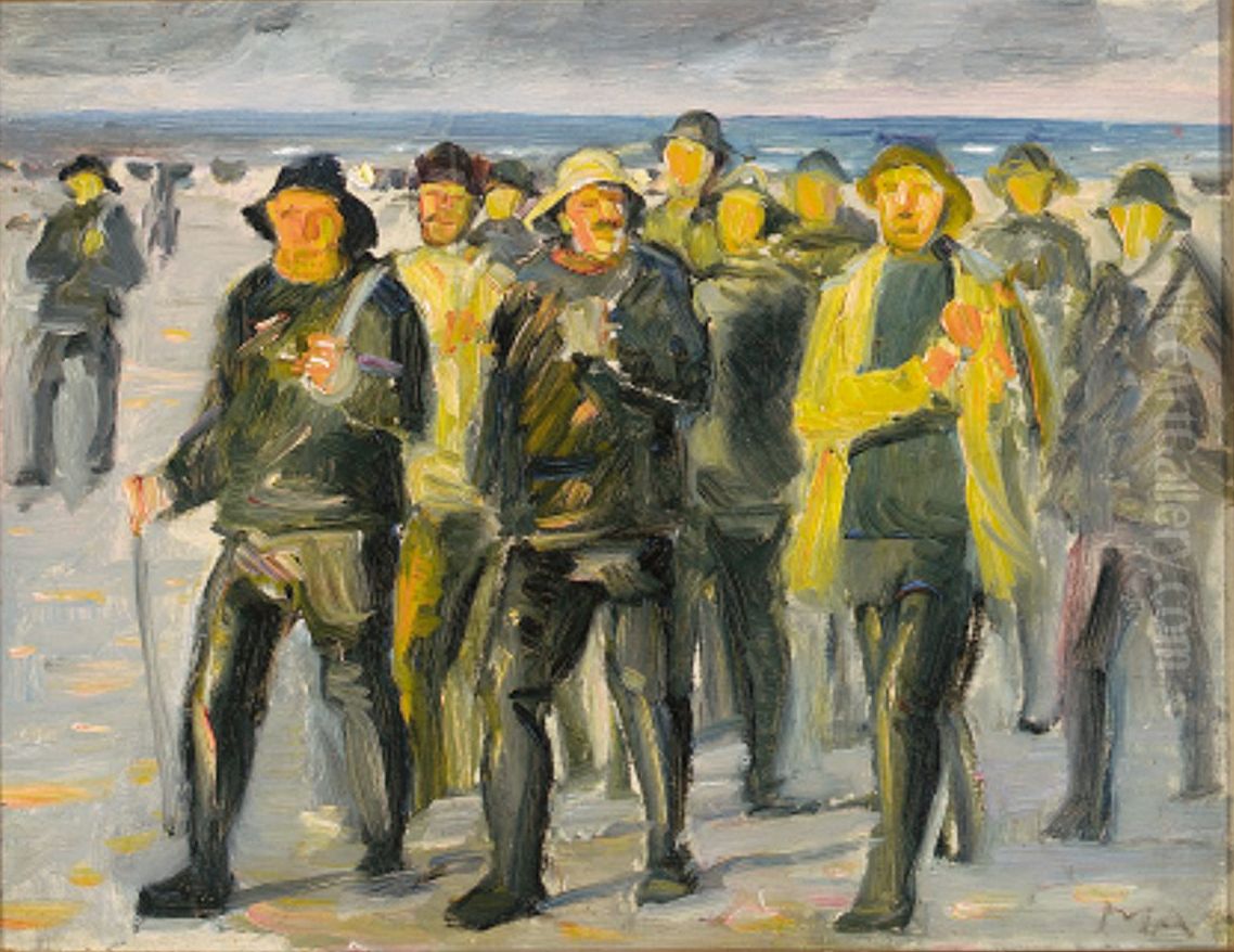 Fiskere vender hjem fra Nordstranden, studie. Oil Painting by Michael Peter Ancher