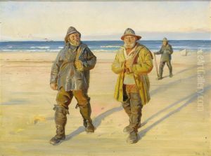 Fiskere vende hjem fra Nordstranden. Aftensol. Studie.