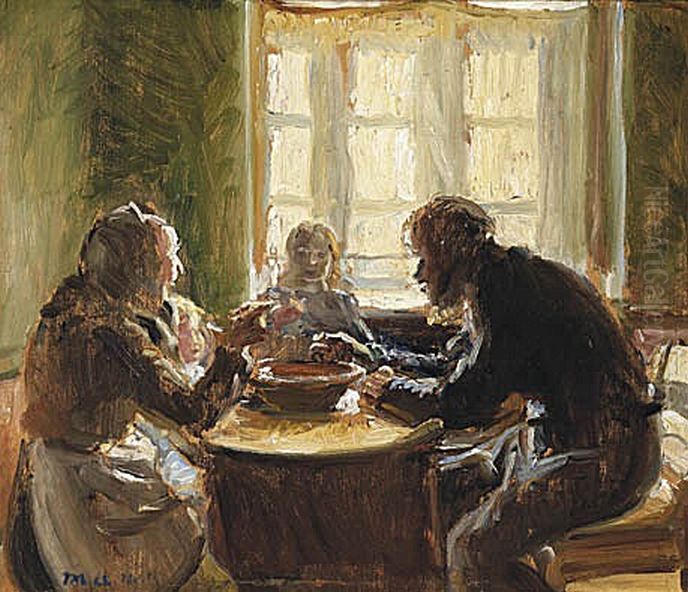 The Wollesen Family eating at their table. Oil Painting by Michael Peter Ancher