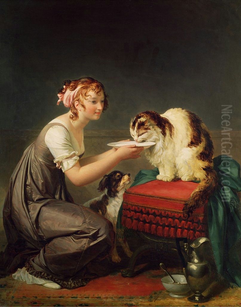 Young Girl Giving Milk to Her Cat Oil Painting by Marguerite Gerard