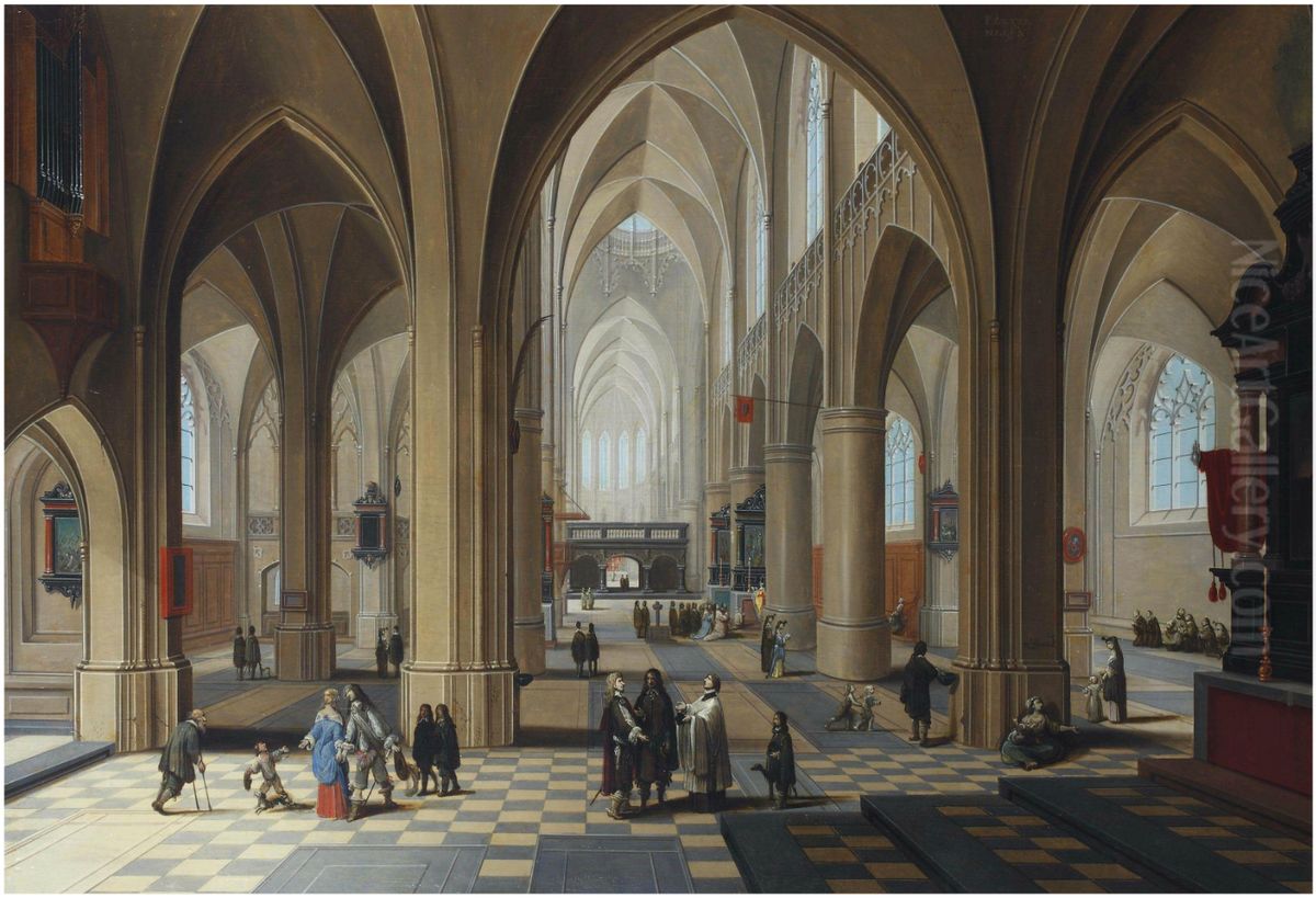 The interior of a gothic cathedral, with elegant figures conversing and a priest taking mass Oil Painting by Pieter Neefs the Elder