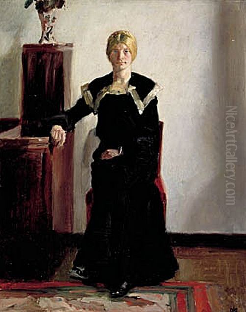 Interior from the artist's home. A young woman in a black dress is being portrayed. Oil Painting by Michael Peter Ancher