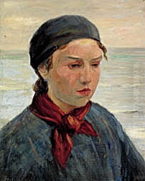 Fiskerpige med rodt torklaede bundet om halsen. Oil Painting by Michael Peter Ancher