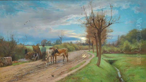 A farmer speaking with a stonecutter in the moonlight. Oil Painting by Carl Frederik Aagaard
