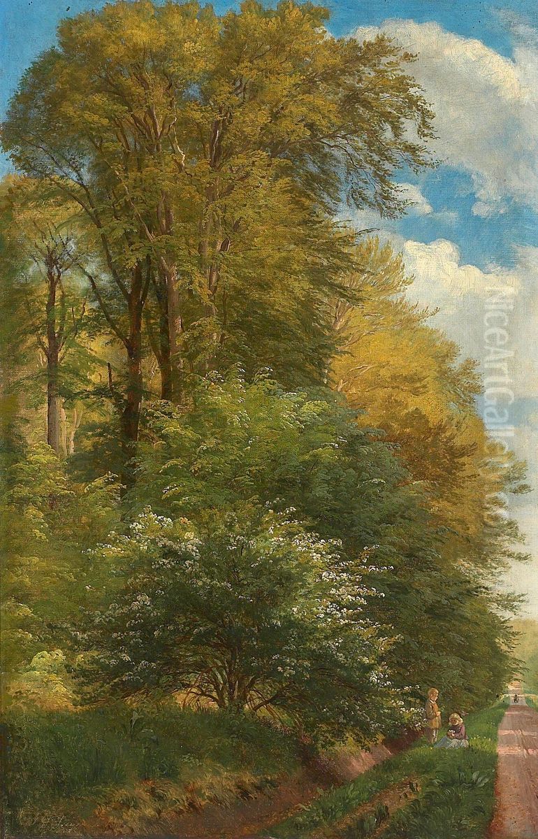 A gravel road near Liselund with two children picking flowers. Oil Painting by Carl Frederik Aagaard