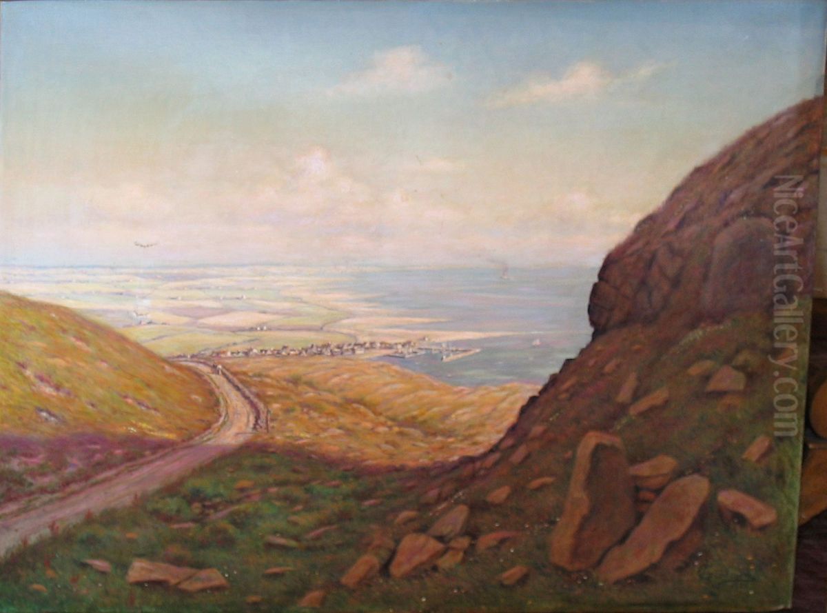 Landscape with a view to a small harbour. Oil Painting by Aage Giodesen