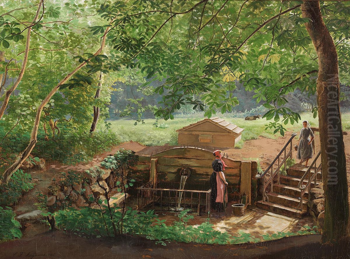 Two farm girls fetch water at a well in the woods. Oil Painting by Carl Frederik Aagaard