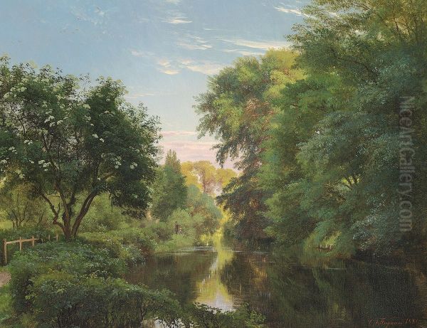 Two people fishing at a river in the woods. Oil Painting by Carl Frederik Aagaard