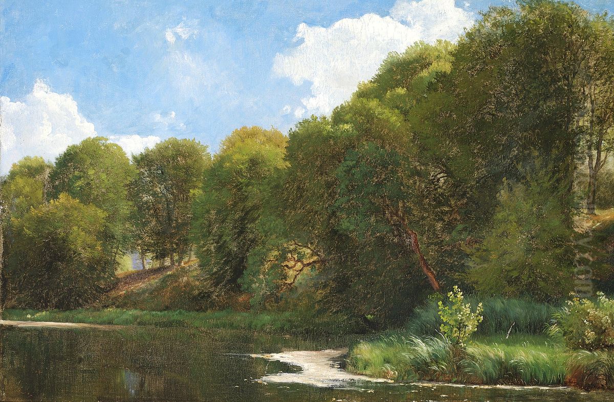 Tree covered slopes near a lake. Oil Painting by Carl Frederik Aagaard