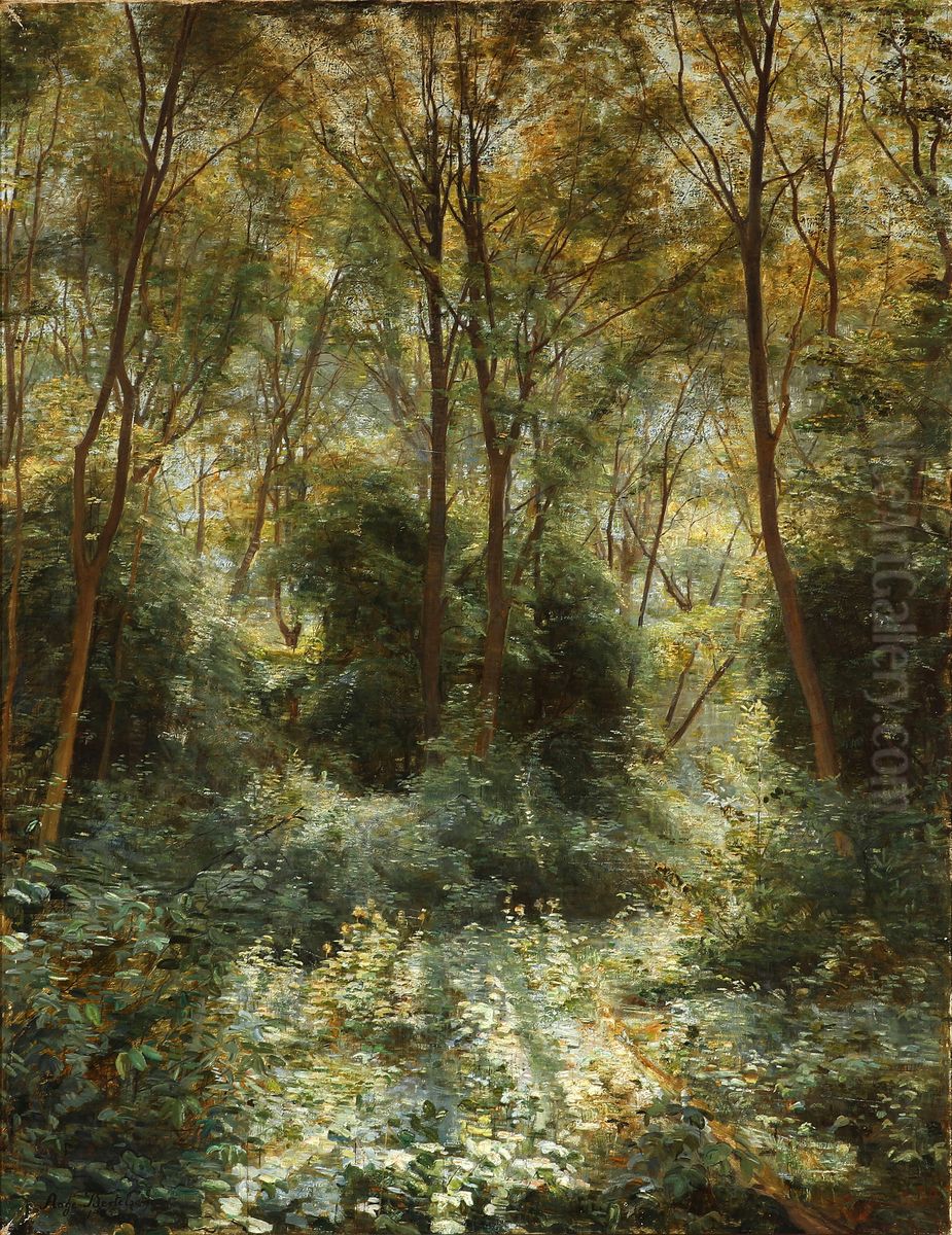 Sunshine in a dense forest Oil Painting by Aage Bertelsen