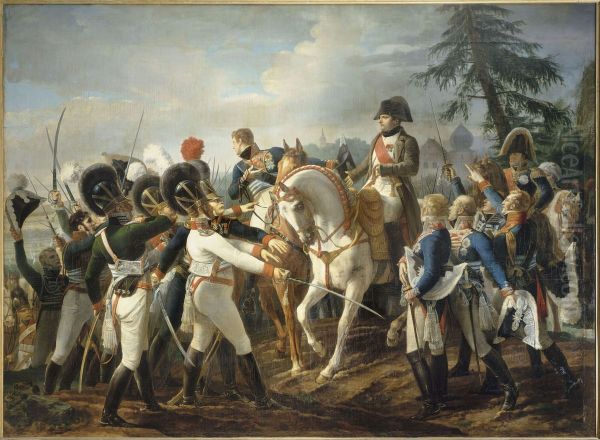 Napoleon harangue les troupes bavaroises et wurtembourgeoises a Abensberg, 20 avril 1809. Oil Painting by Jean-Baptiste Debret