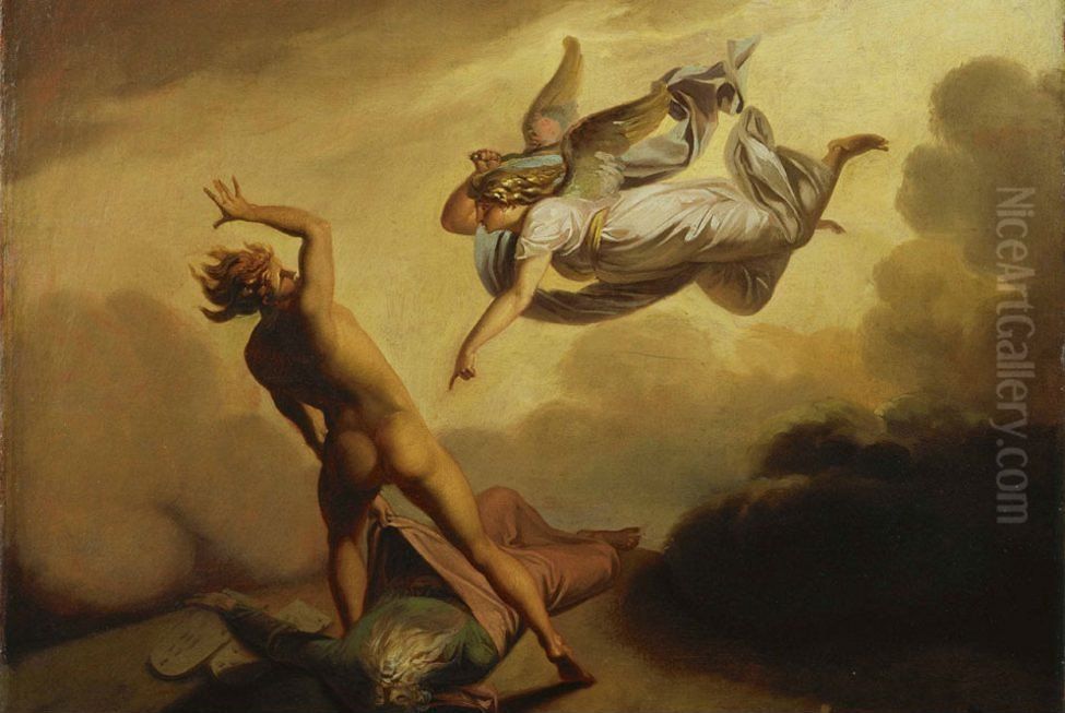 The Archangel Michael and Satan Disputing about the Body of Moses Oil Painting by Nicolai Abildgaard
