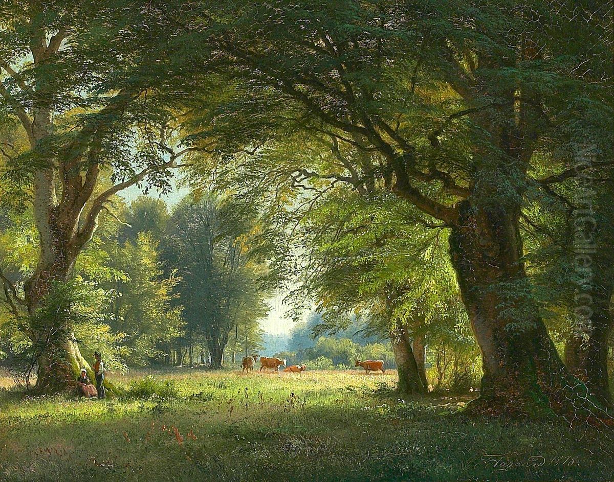 Woodlands with a young couple, summer. Oil Painting by Carl Frederik Aagaard
