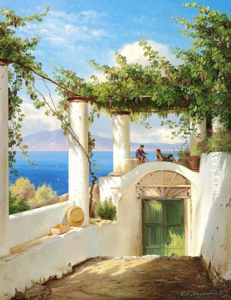 The bay of Naples with two Italians conversing in a loggia. Oil Painting by Carl Frederik Aagaard