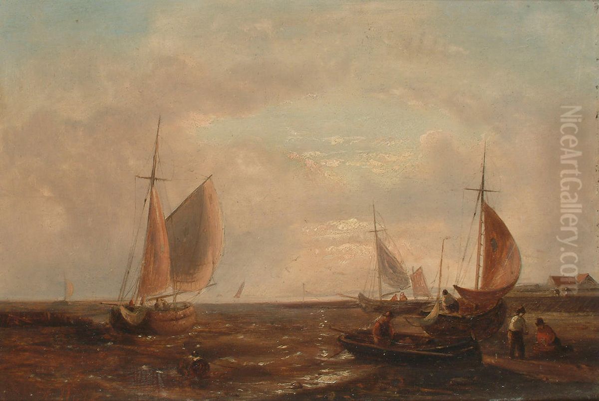 Fishing boats off a jetty Oil Painting by Abraham Hulk Senior
