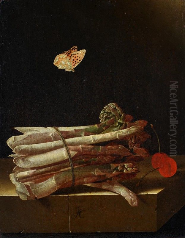 Still life with asparagus, cherries and a butterfly Oil Painting by Adriaen Coorte