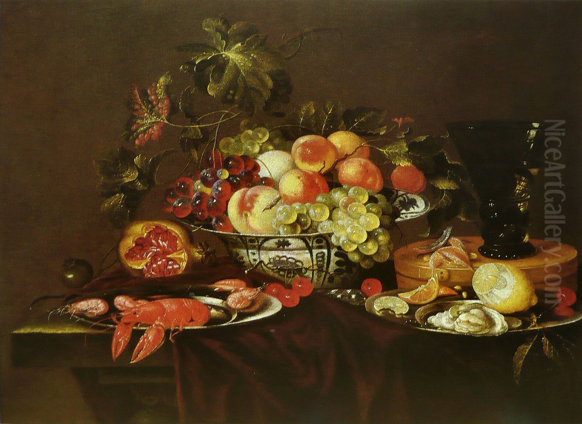 Shellfish, oyster, bowl of fruit and a berkemeyer Oil Painting by Joris Van Son