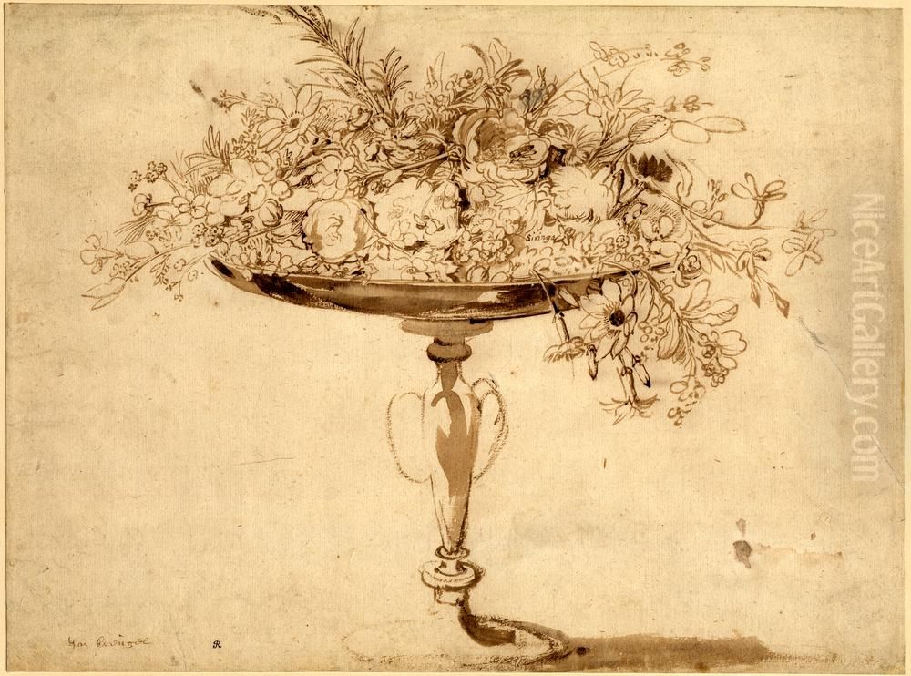 A tazza-shaped vase with flowers tumbling over the bowl Oil Painting by Jan Brughel