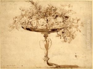 A tazza-shaped vase with flowers tumbling over the bowl